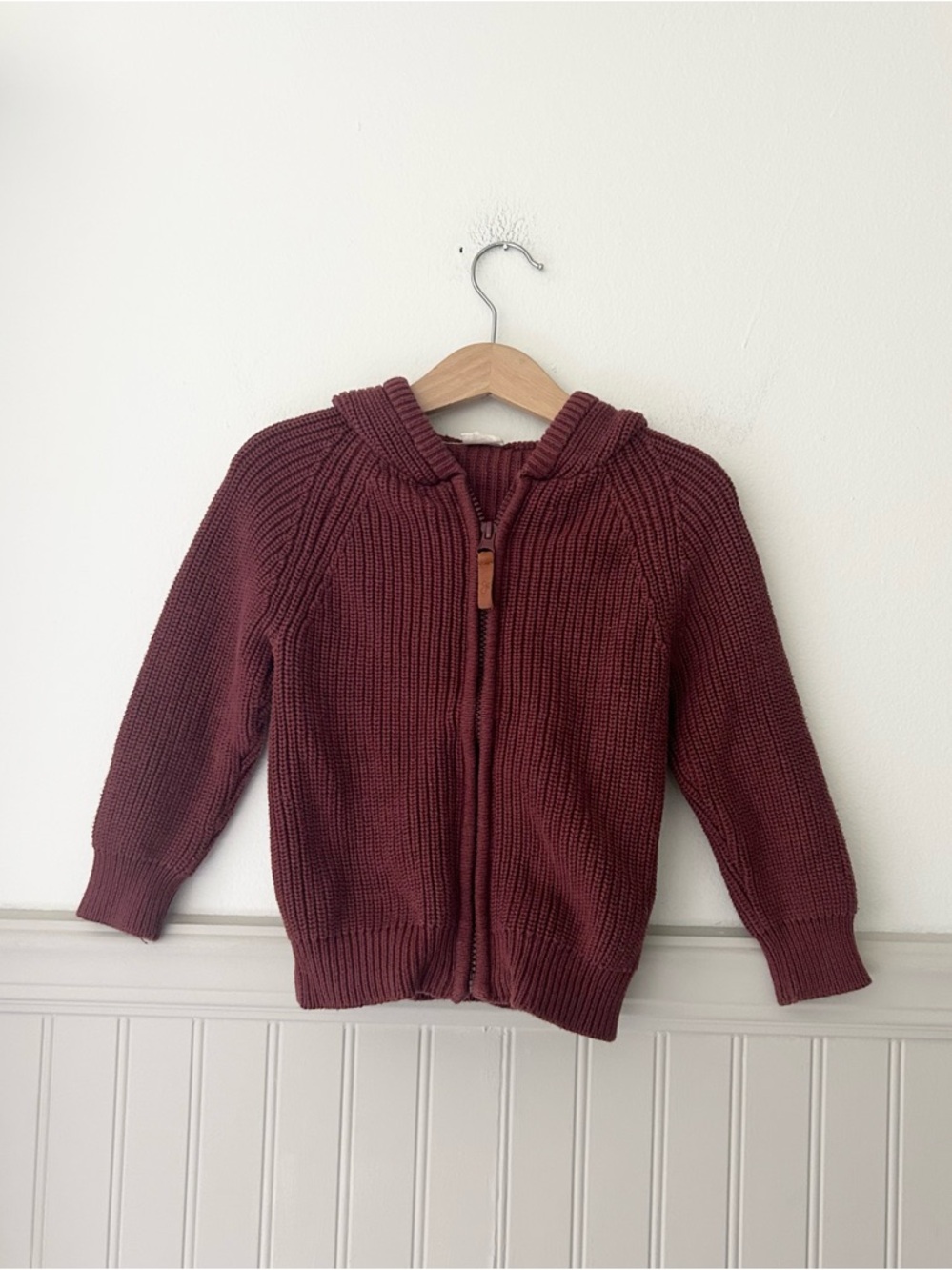 Goumi Girls 2T Maroon Chunky Knit Hooded Zip Sweater Organic Cotton Cardigan